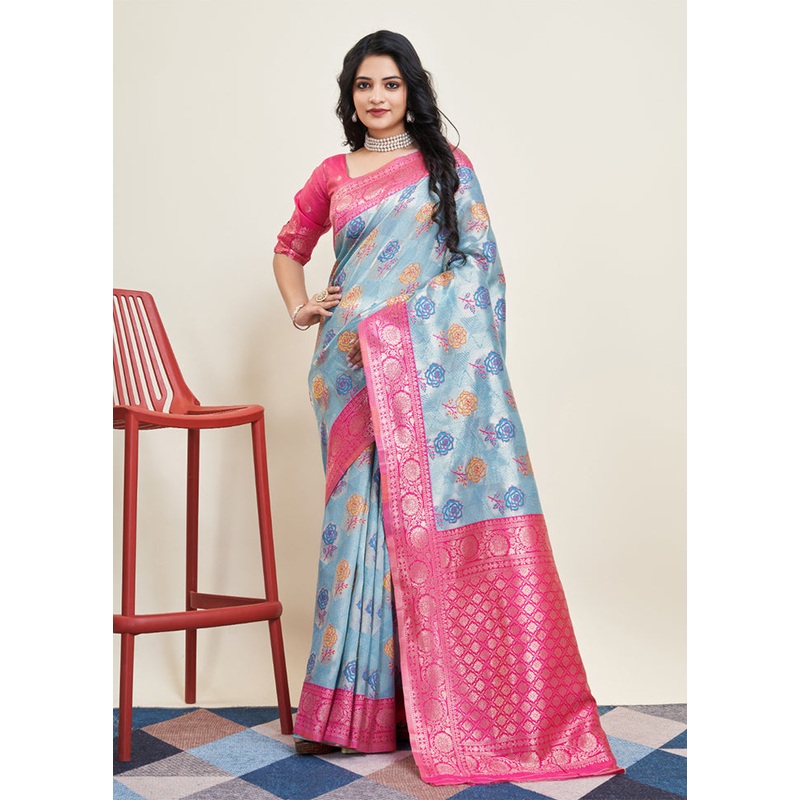 Blue Banarasi Silk Saree With Blouse Piece - JD986610001
