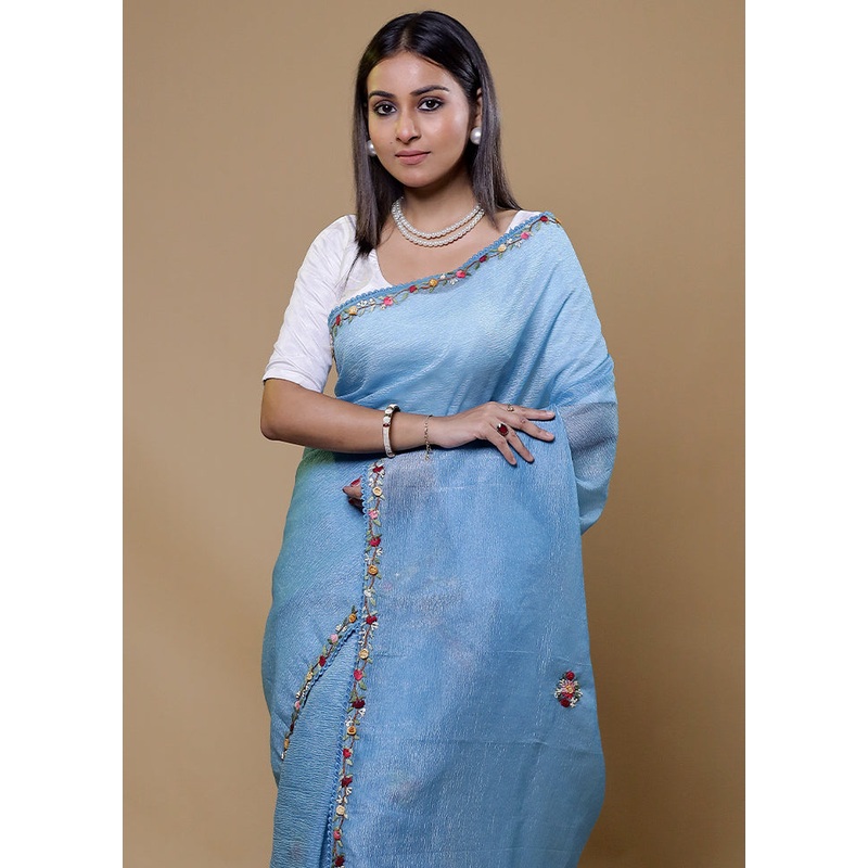 Blue Crushed Tissue Silk Saree With Blouse Piece - JD986610048