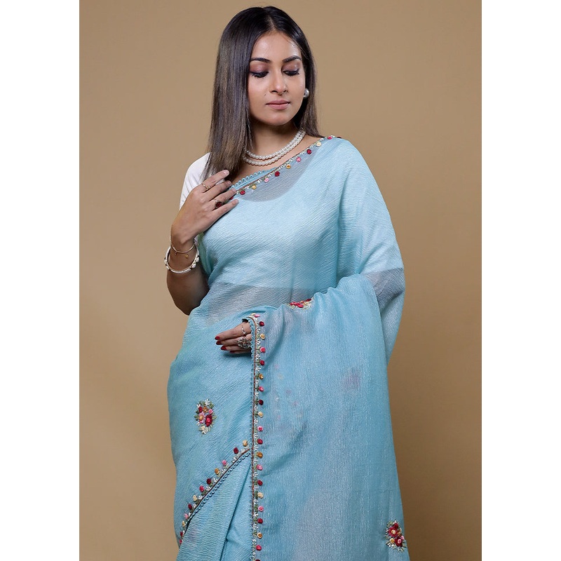 Blue Crushed Tissue Silk Saree With Blouse Piece - JD986610049