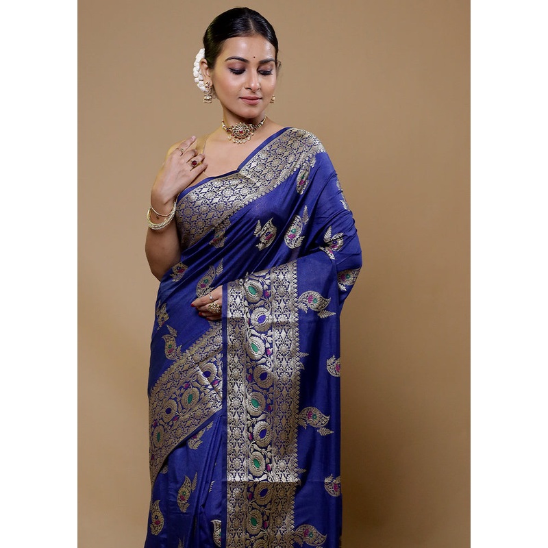 Blue Dupion Silk Saree With Blouse Piece - JD986610046