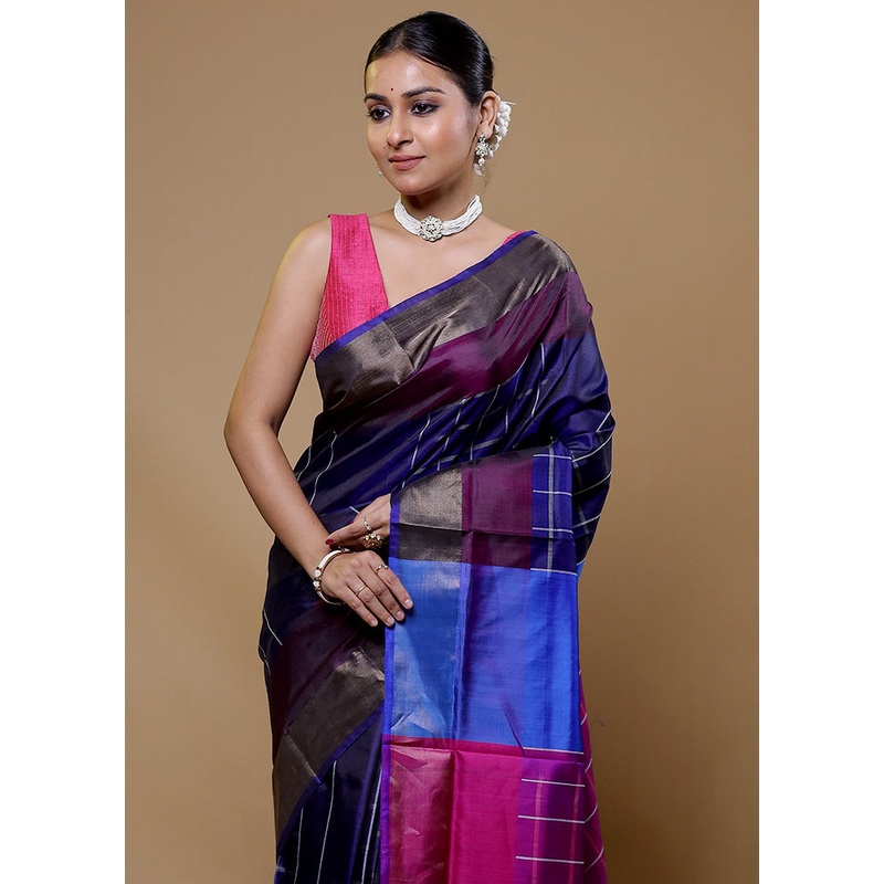 Blue Kalakshetra Kanjivaram Silk Saree With Blouse Piece - JD986610044