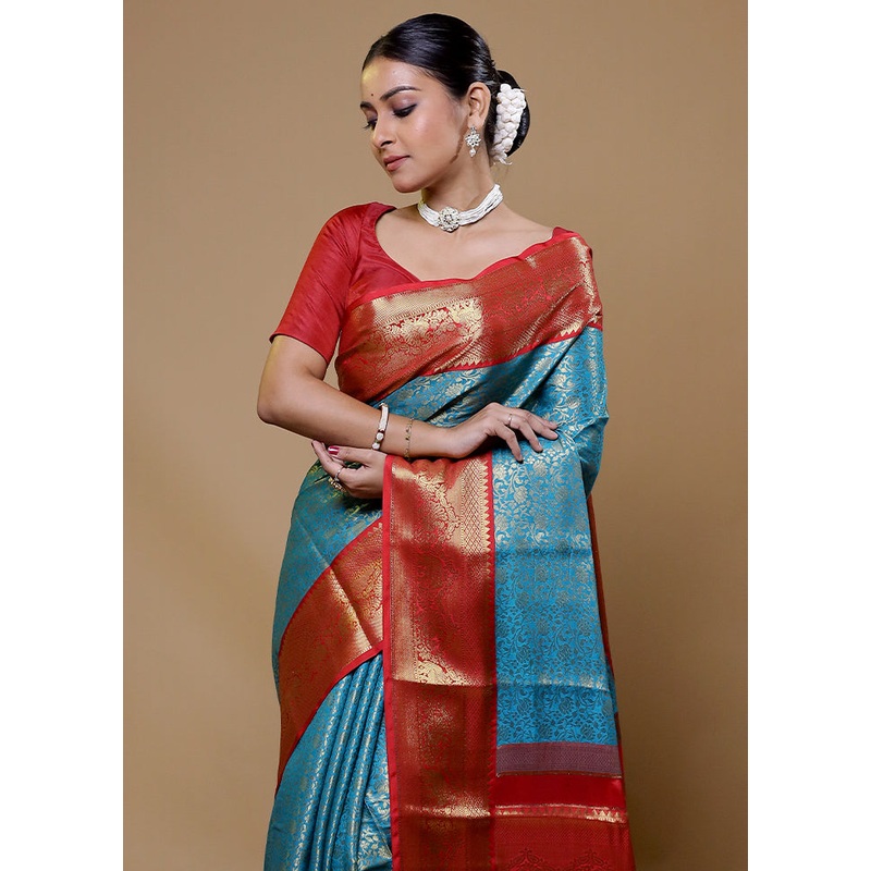 Blue Kanjivaram Silk Saree With Blouse Piece - JD986610043