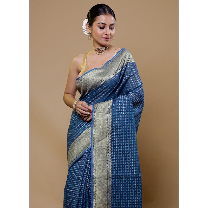 Blue Kora Silk Saree With Blouse Piece - JD986610041