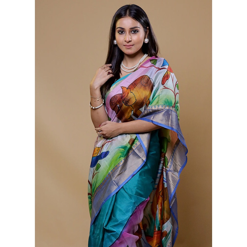 Blue Printed Pure Silk Saree Without Blouse Piece - JD986610040