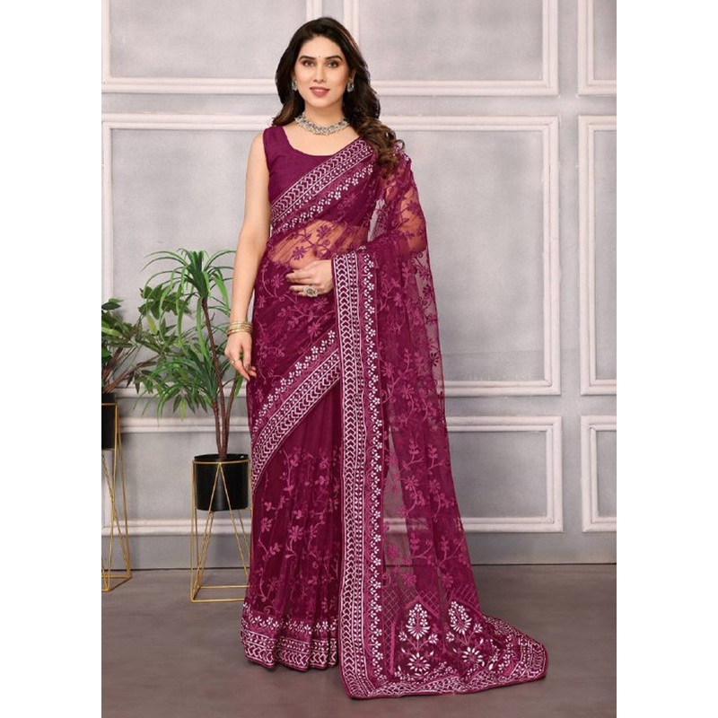 Burgundy Net Saree With Blouse Piece - JD986609999