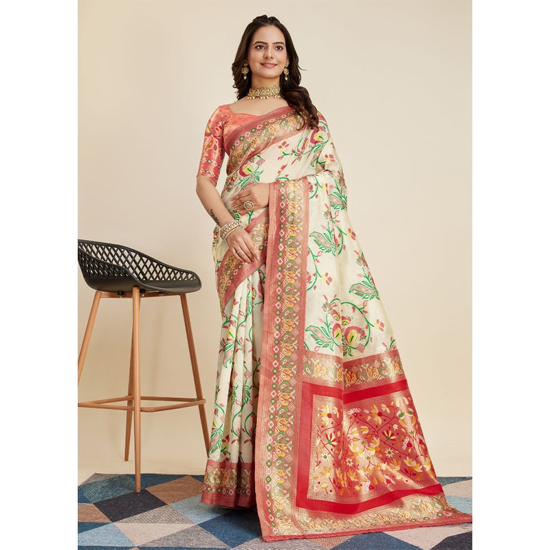 Cream Banarasi Silk Saree With Blouse Piece - JD986609996