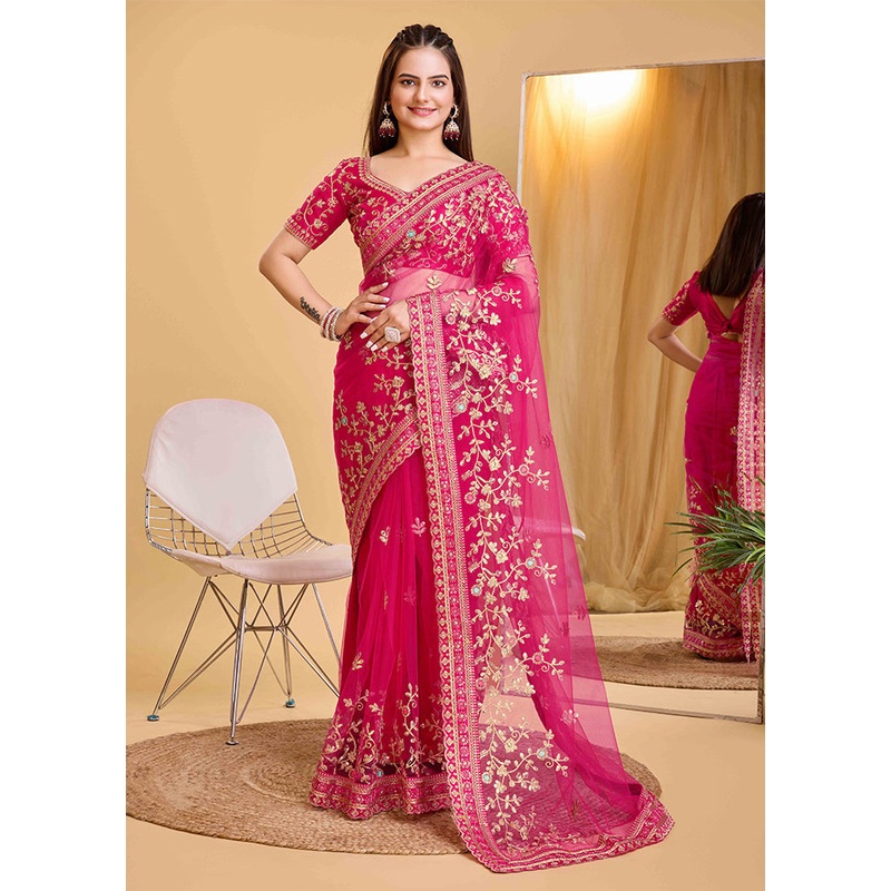 Dark Pink Net Saree With Blouse Piece - JD986609995