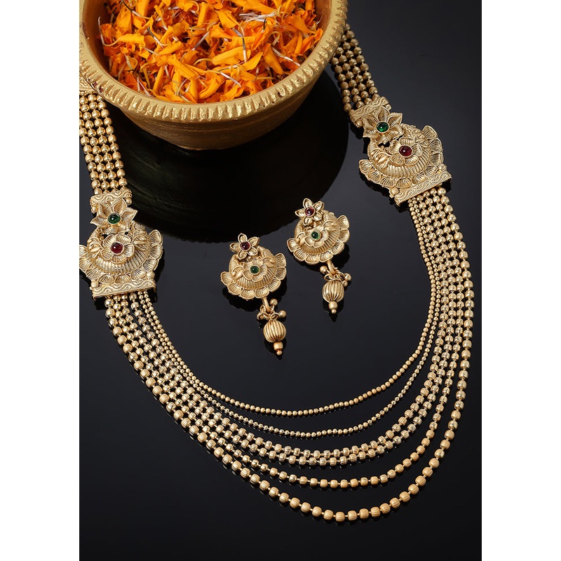 Golden Alloy Glossy Jewellery Set - JD986610185