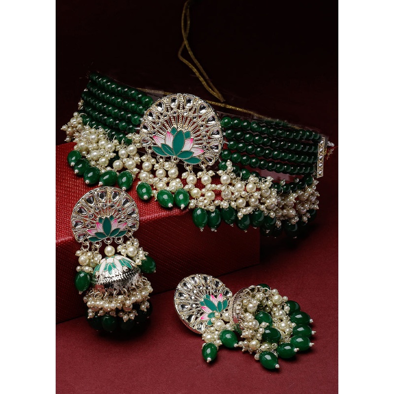 Green Alloy Glossy Jewellery Set - JD986610154