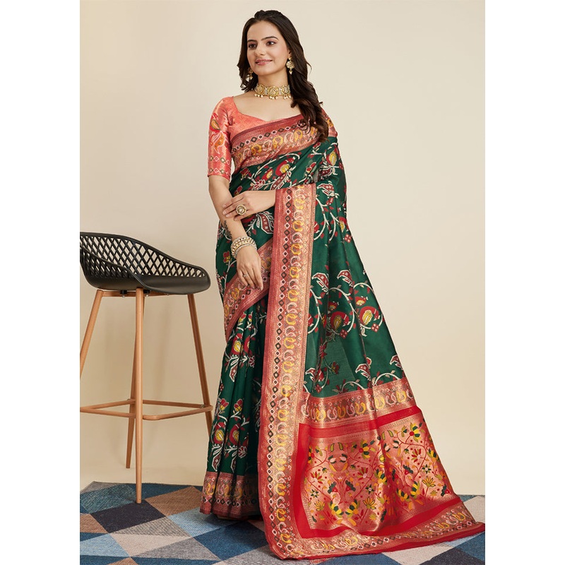 Green Banarasi Silk Saree With Blouse Piece - JD986609992