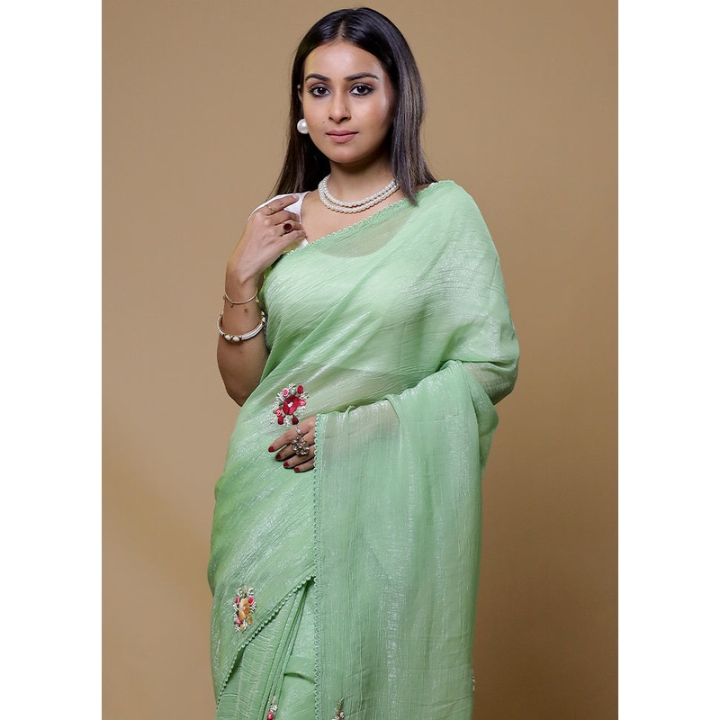 Green Crushed Tissue Silk Saree With Blouse Piece - JD986610039