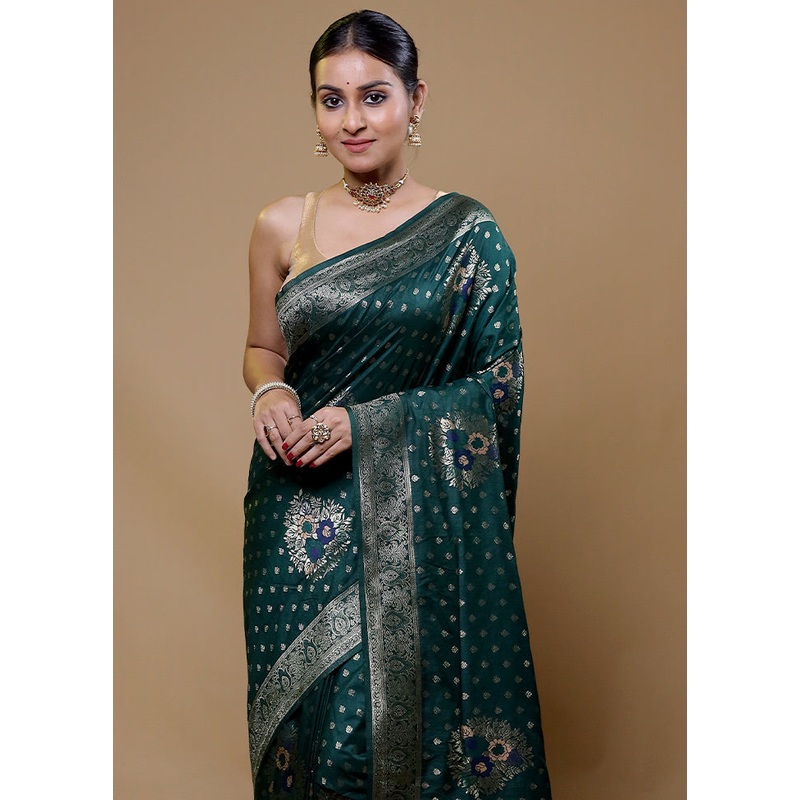 Green Dupion Silk Saree With Blouse Piece - JD986610037