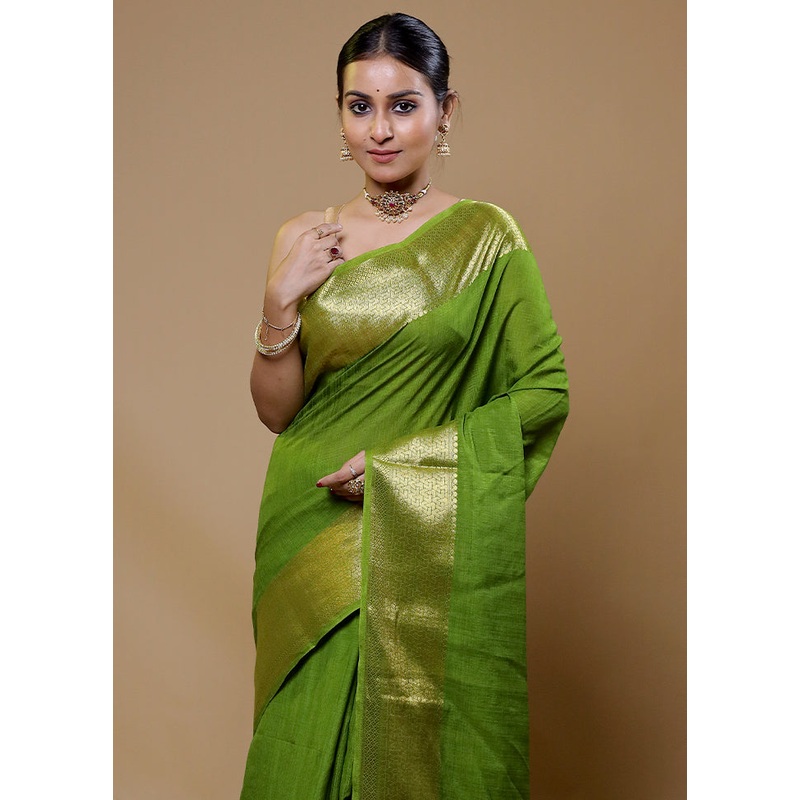 Green Dupion Silk Saree With Blouse Piece - JD986610038