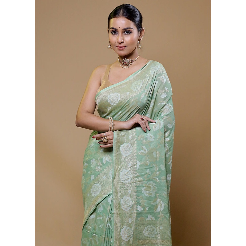 Green Handloom Kora Pure Silk Saree With Blouse Piece - JD986610036