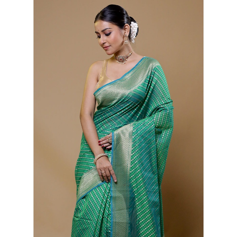 Green Kora Silk Saree With Blouse Piece - JD986610034