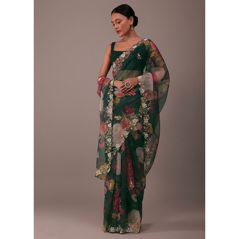 Green Organza Saree With Blouse Piece - JD986609990