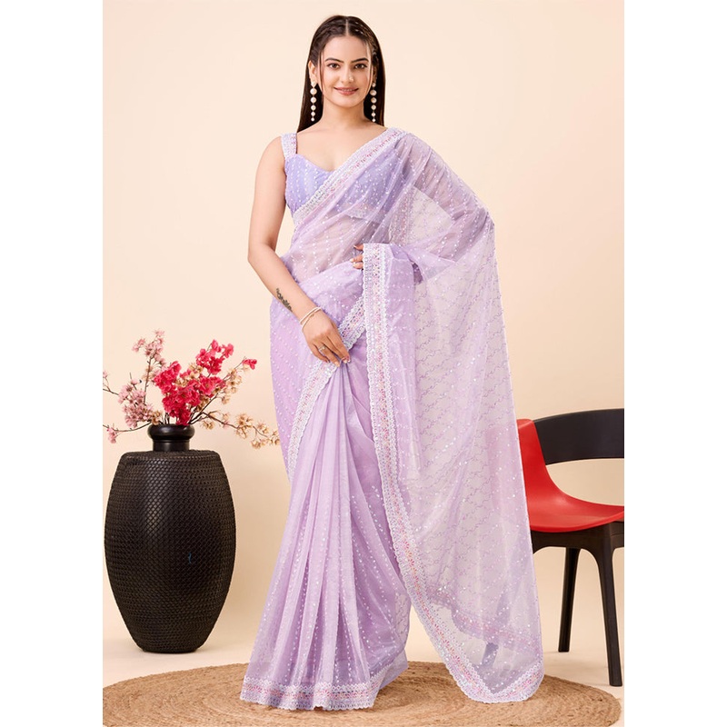Lavender Net Saree With Blouse Piece - JD986609983