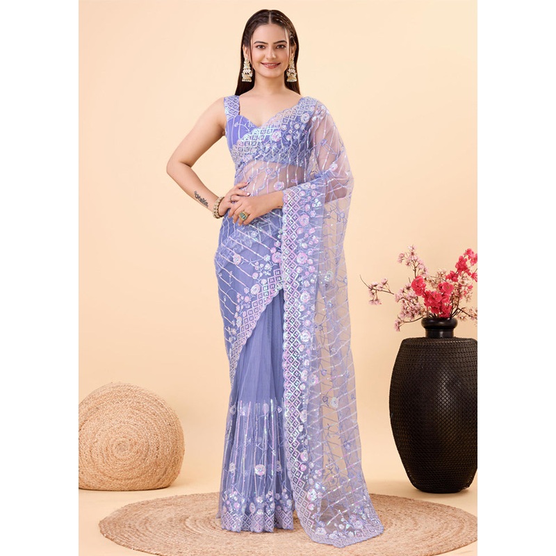 Lavender Net Saree With Blouse Piece - JD986609984