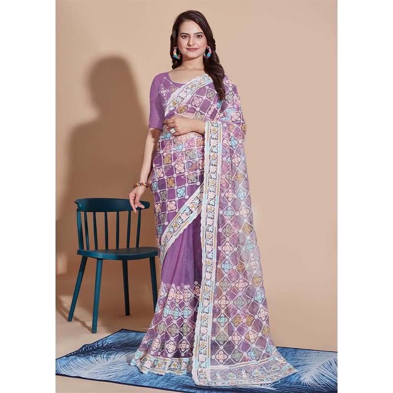 Lavender Net Saree With Blouse Piece - JD986609985