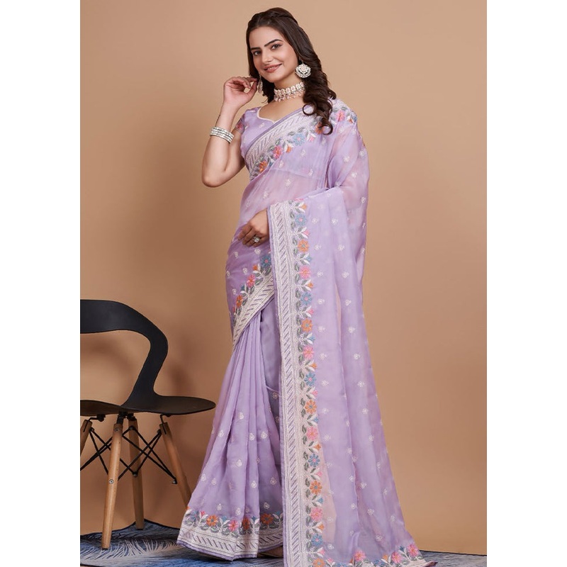 Lavender Organza Saree With Blouse Piece - JD986609981