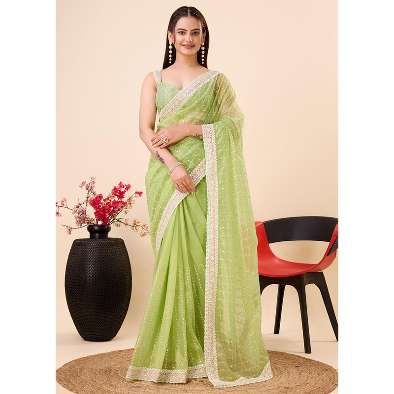 Light Green Net Saree With Blouse Piece - JD986609979