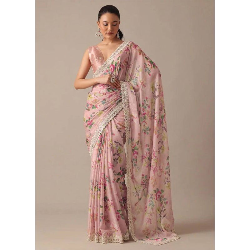 Light Pink Georgette Saree With Blouse Piece - JD986609978