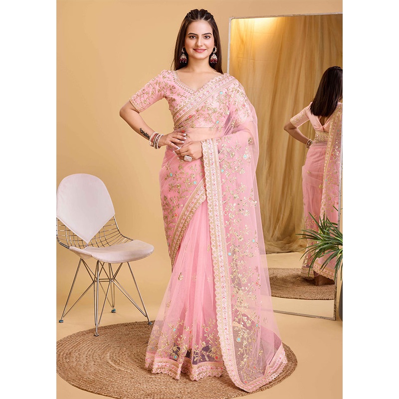 Light Pink Net Saree With Blouse Piece - JD986609977