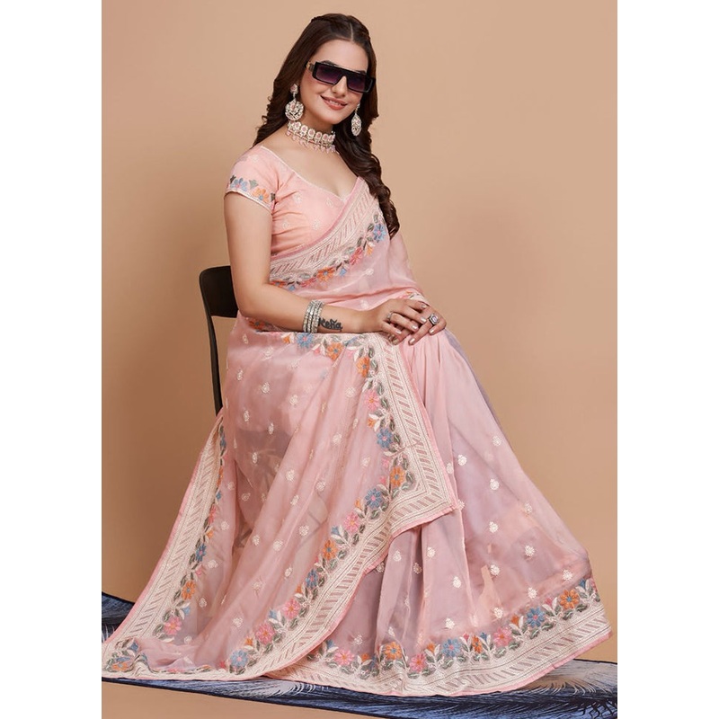 Light Pink Organza Saree With Blouse Piece - JD986609976