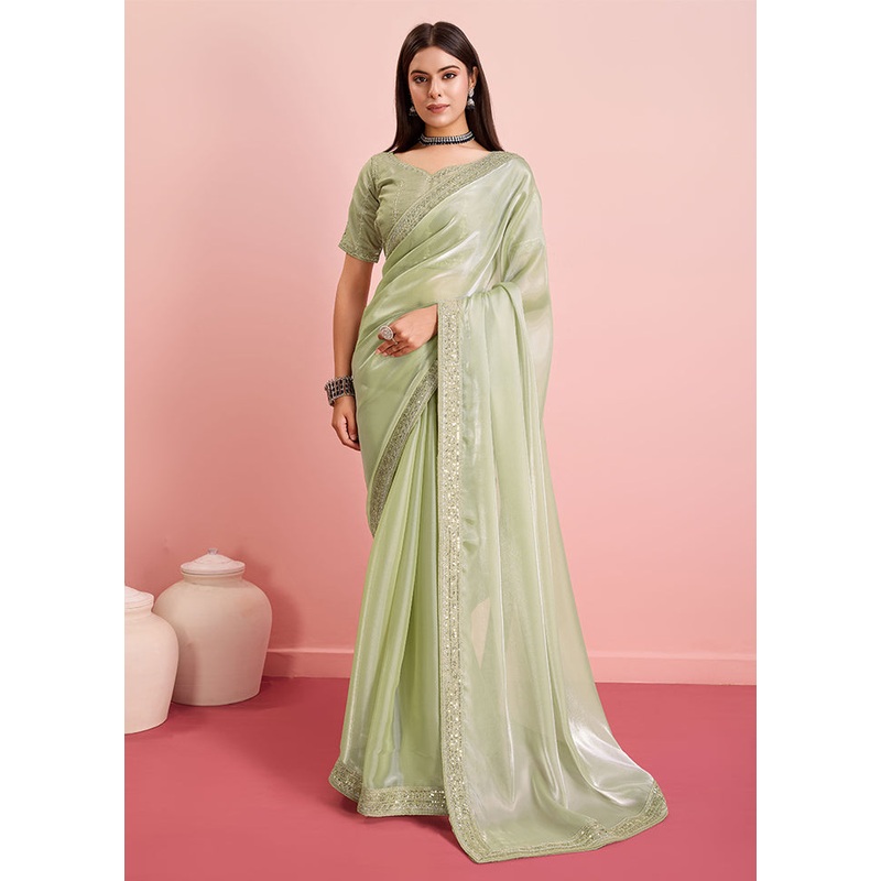 Lime Green Silk Saree With Blouse Piece - JD986609974