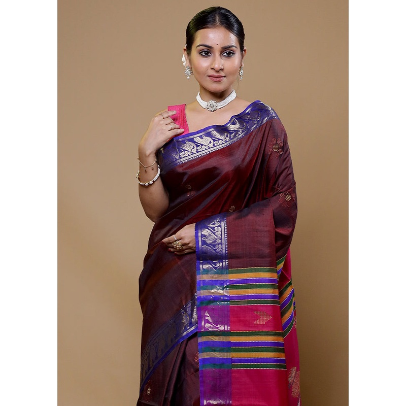 Maroon Handloom Kalakshetra Kanjivaram Pure Silk Saree With Blouse Piece - JD986610030