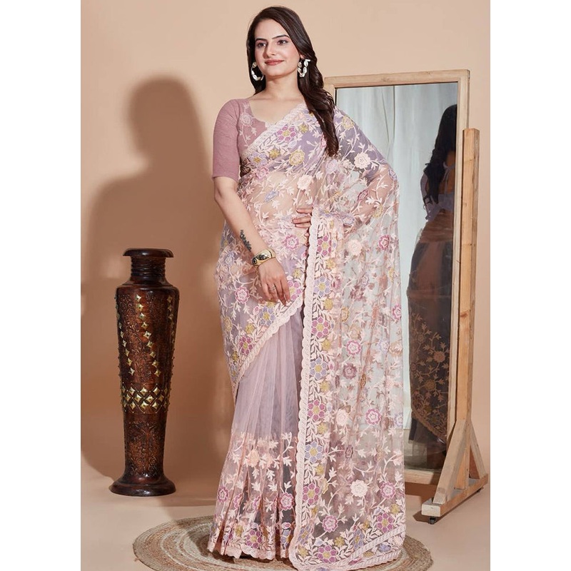 Mauve Net Saree With Blouse Piece - JD986609972