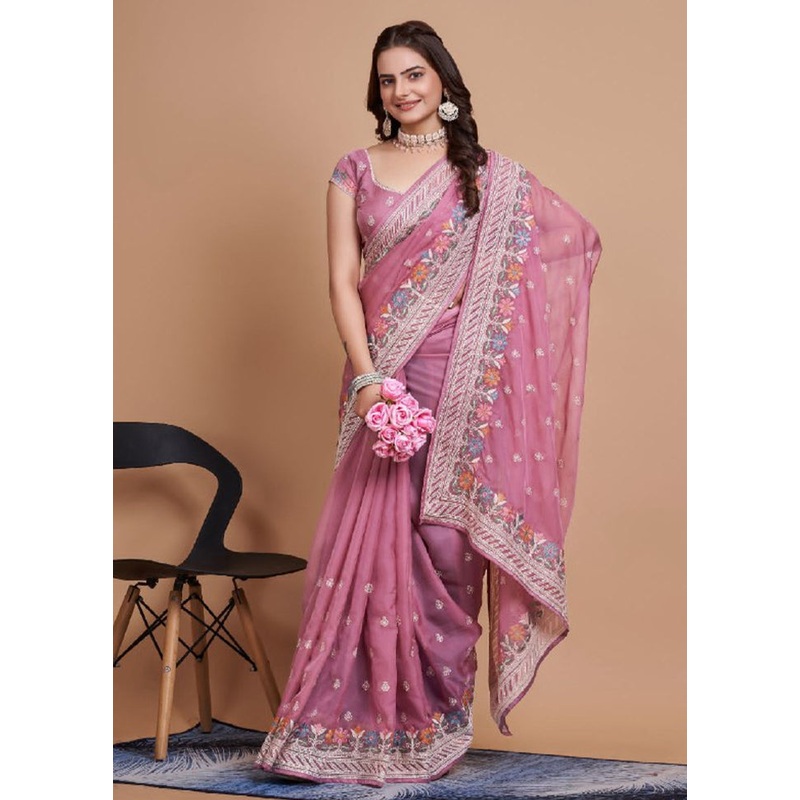 Mauve Organza Saree With Blouse Piece - JD986609971