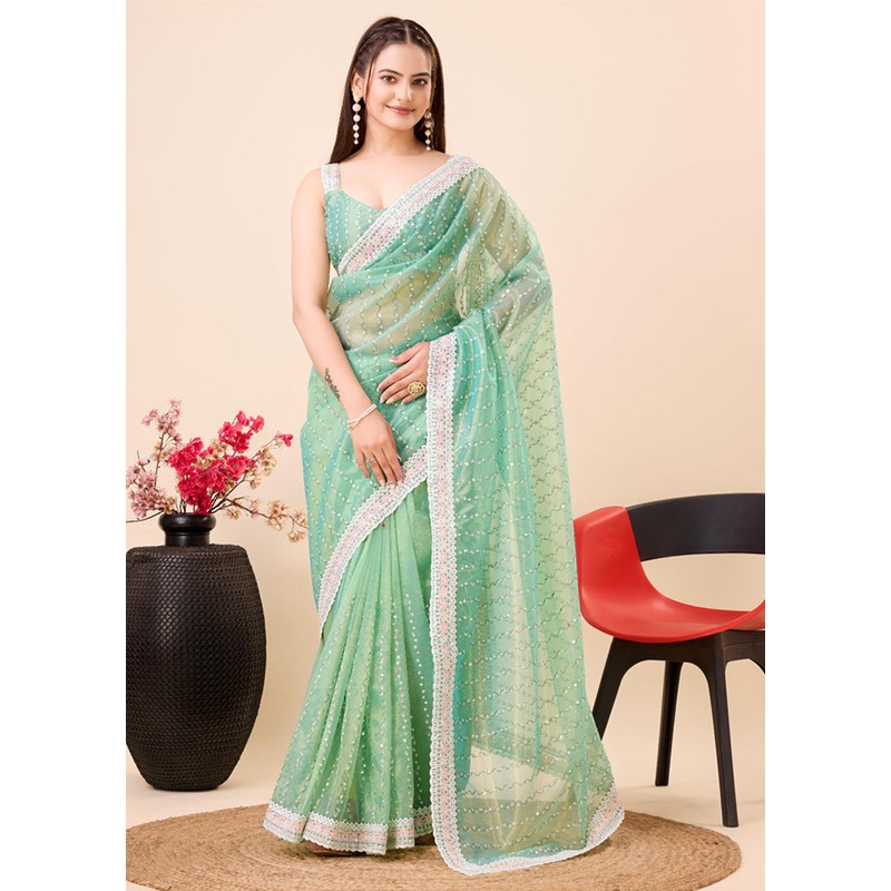 Mint Green Net Saree With Blouse Piece - JD986609970