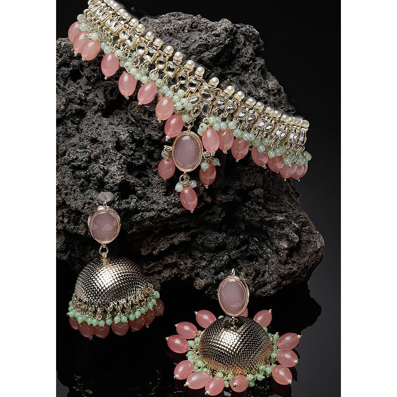 Pink Alloy Glossy Jewellery Set - JD986610091