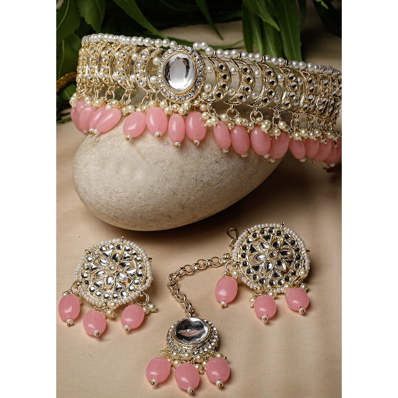Pink Alloy Glossy Jewellery Set - JD986610093