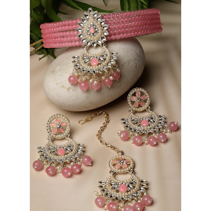 Pink Alloy Glossy Jewellery Set - JD986610095