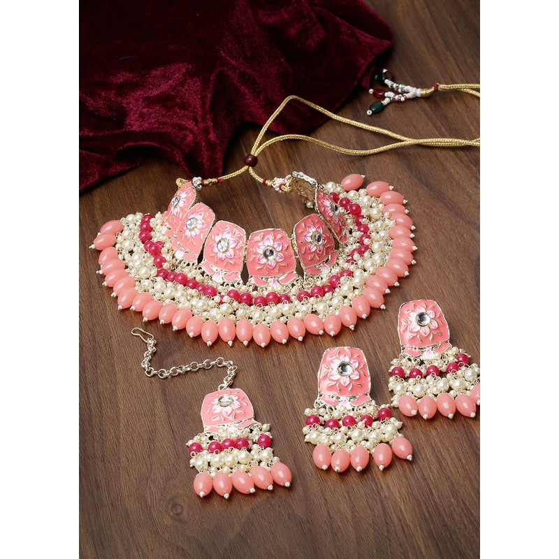 Pink Alloy Glossy Jewellery Set - JD986610098