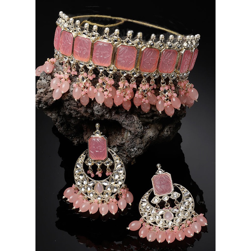 Pink Alloy Glossy Jewellery Set - JD986610099