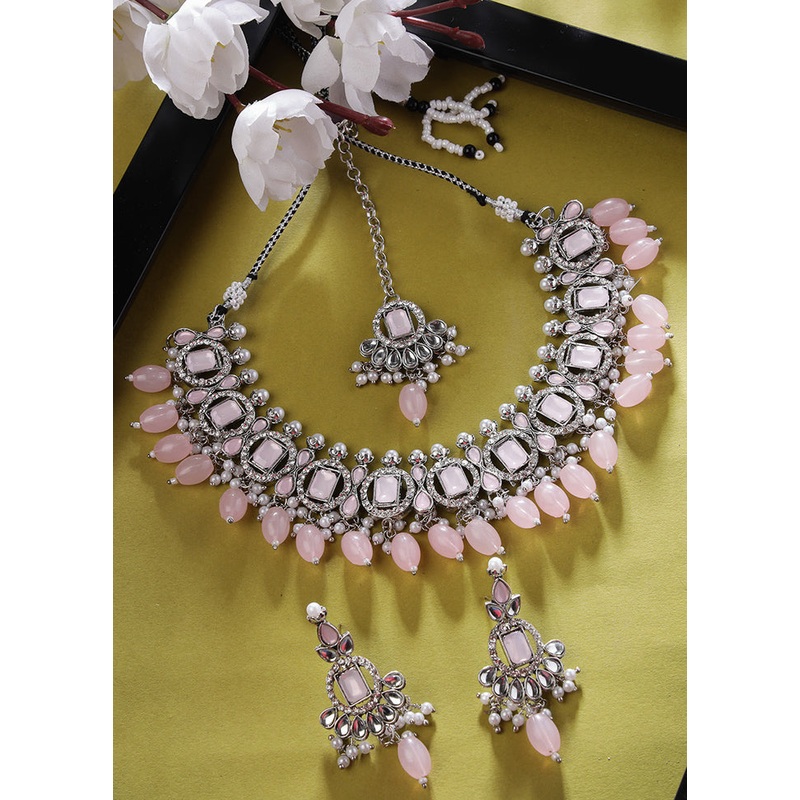 Pink Alloy Glossy Jewellery Set - JD986610105