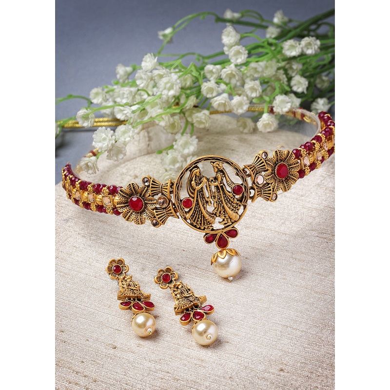 Pink Alloy Glossy Jewellery Set - JD986610106
