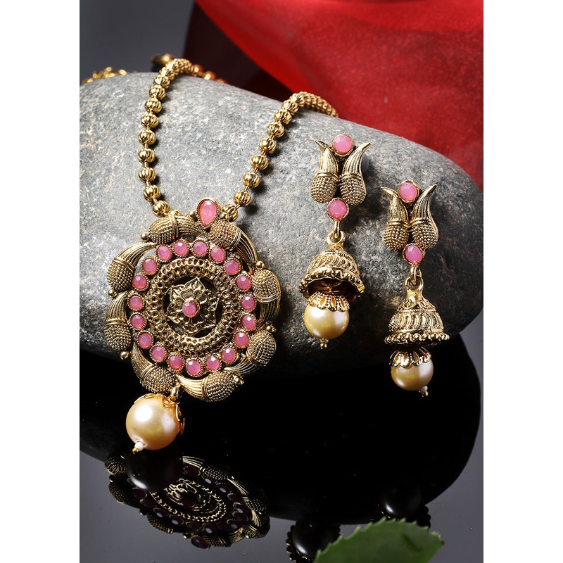 Pink Alloy Glossy Jewellery Set - JD986610107