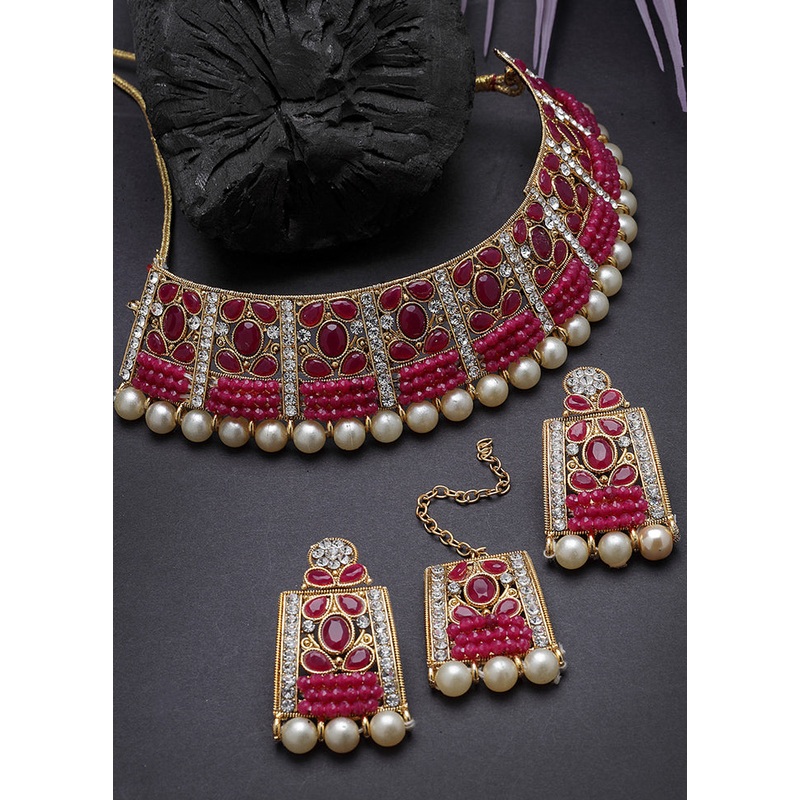 Pink Alloy Glossy Jewellery Set - JD986610109