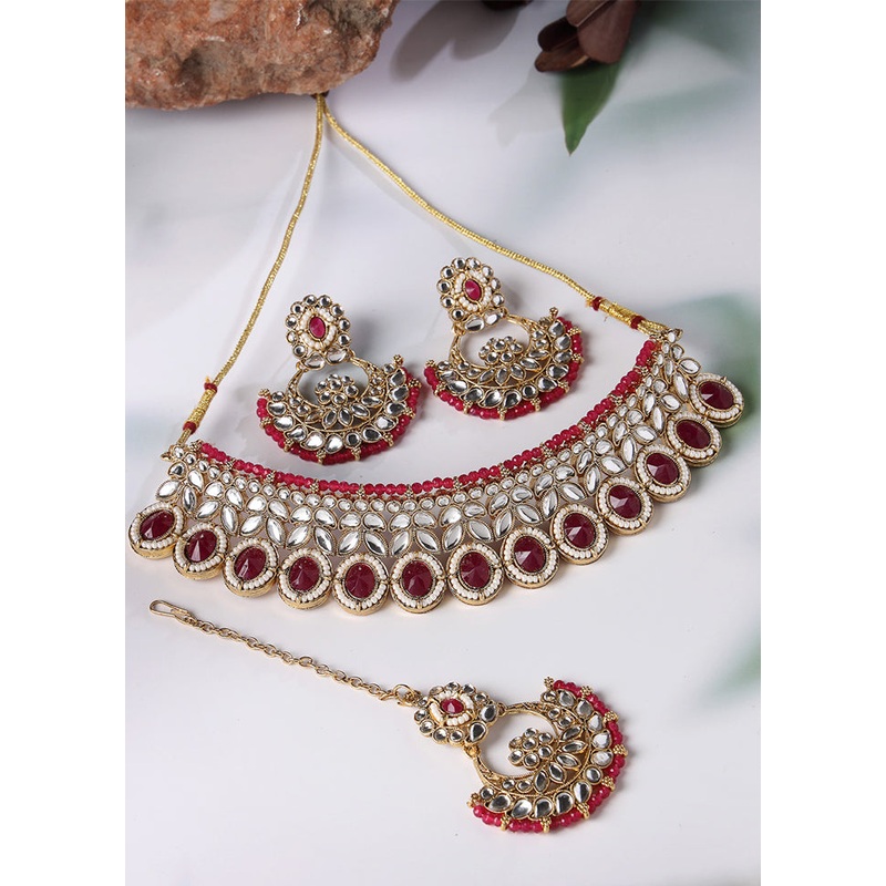 Pink Alloy Glossy Jewellery Set - JD986610110