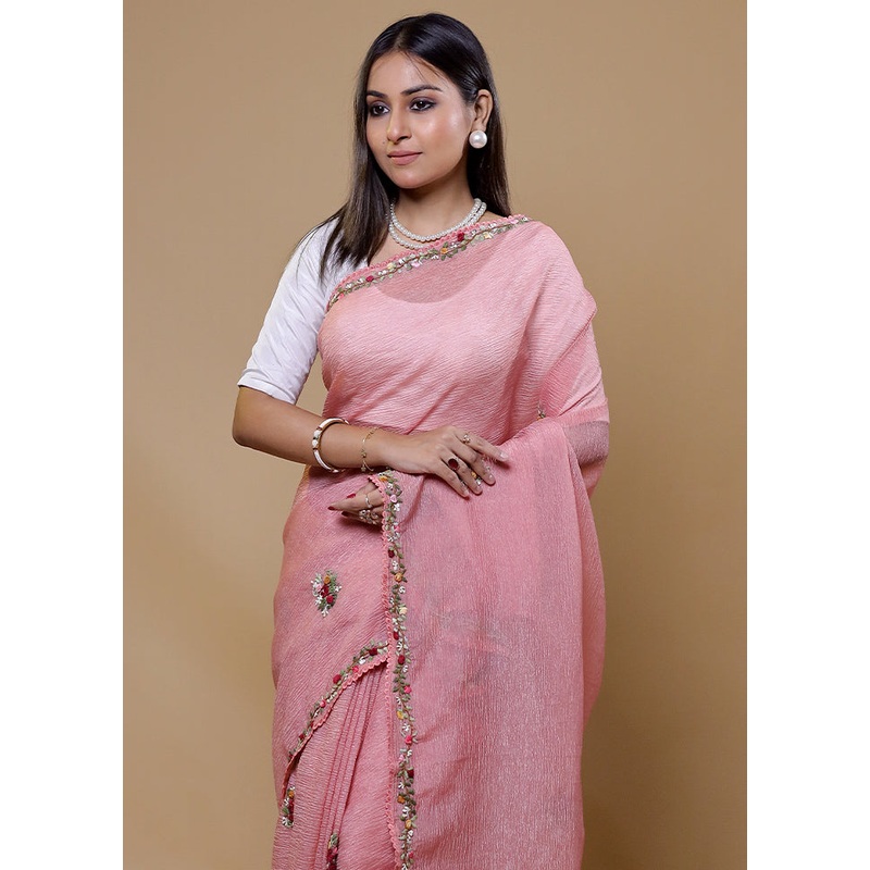 Pink Crushed Tissue Silk Saree With Blouse Piece - JD986610026