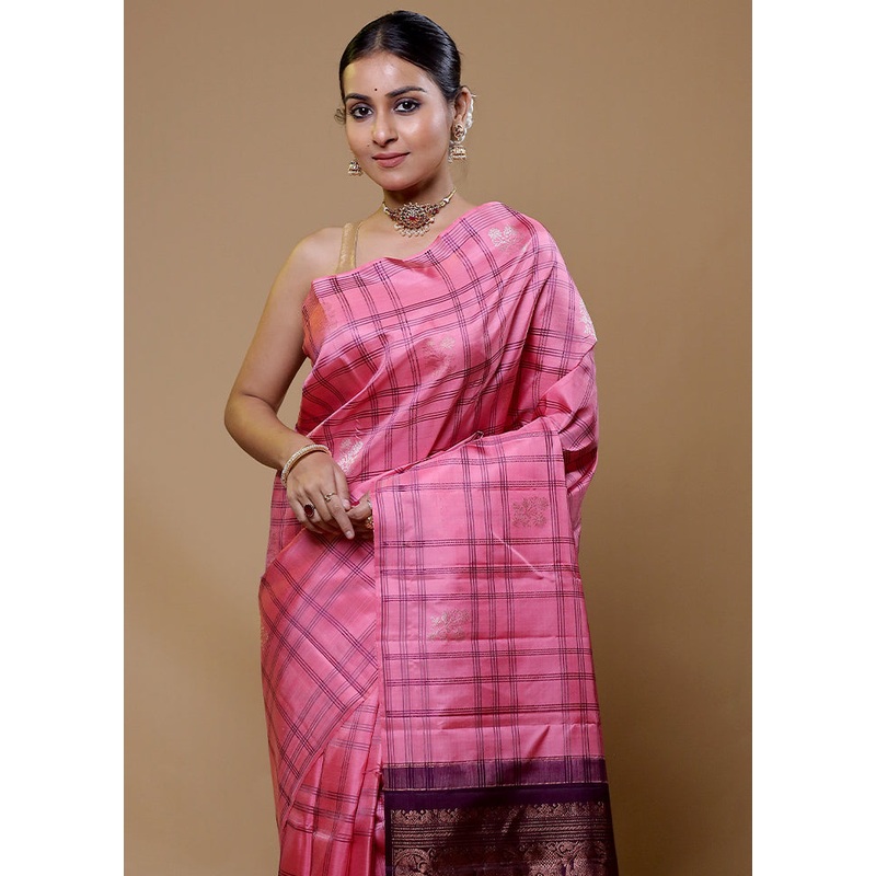 Pink Handloom Kanchipuram Pure Silk Saree With Blouse Piece - JD986610025