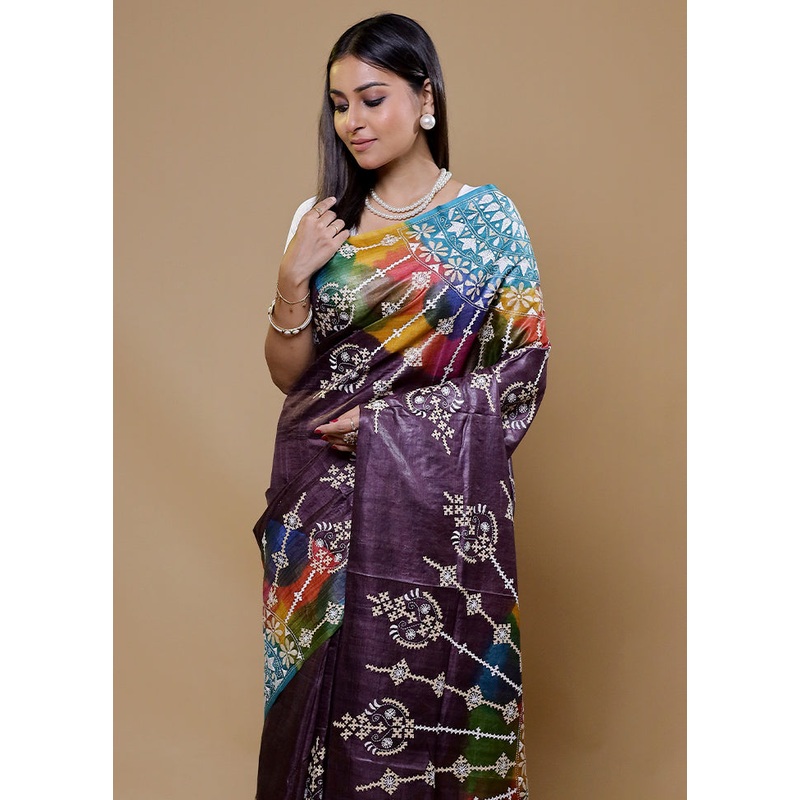 Purple Handloom Kantha Stitch Pure Silk Saree With Blouse Piece - JD986610020