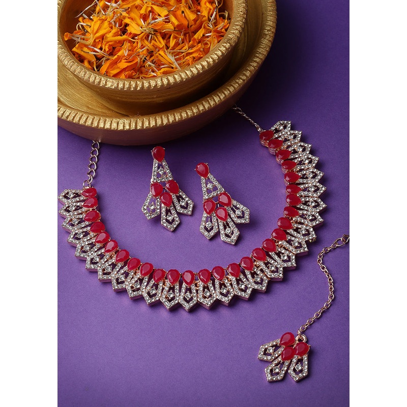 Red Alloy Glossy Jewellery Set - JD986610090