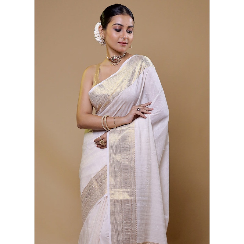 White Dupion Silk Saree With Blouse Piece - JD986610016