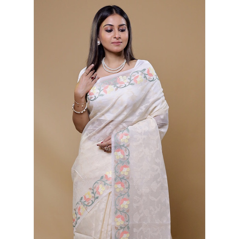 White Pure Cotton Saree With Blouse Piece - JD986610015