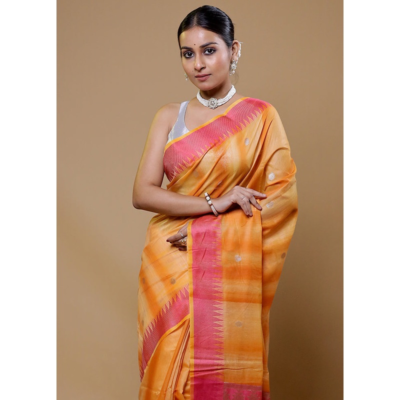 Yellow Cotton Saree With Blouse Piece - JD986610014